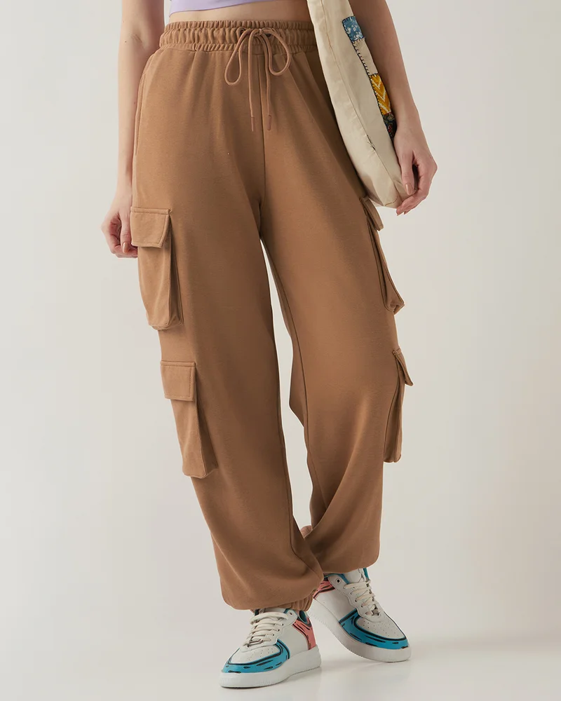 بيواكوف Women's Camel Brown Super Loose Fit Cargo Joggers